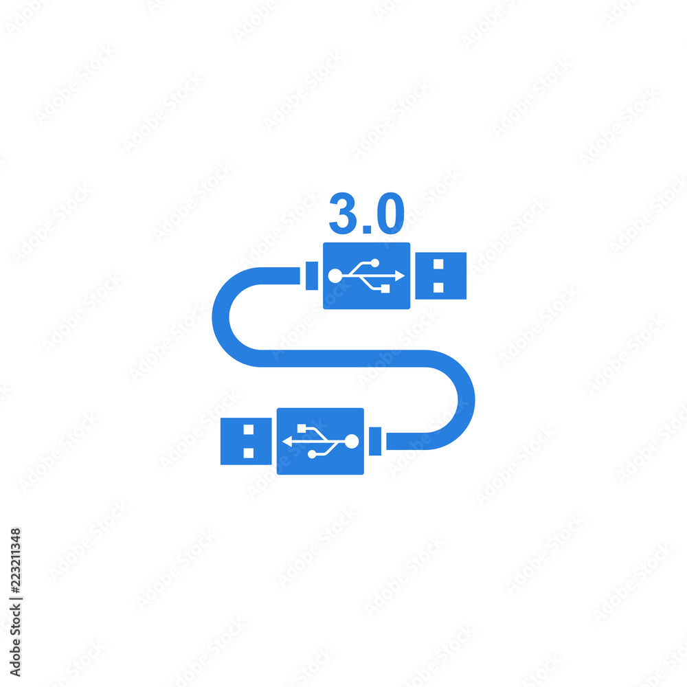 Icon usb 3.0. Blue sign isolated on white background. Vector illustration  flat design. Usb symbol of the new generation with high speed. Stock Vector  | Adobe Stock