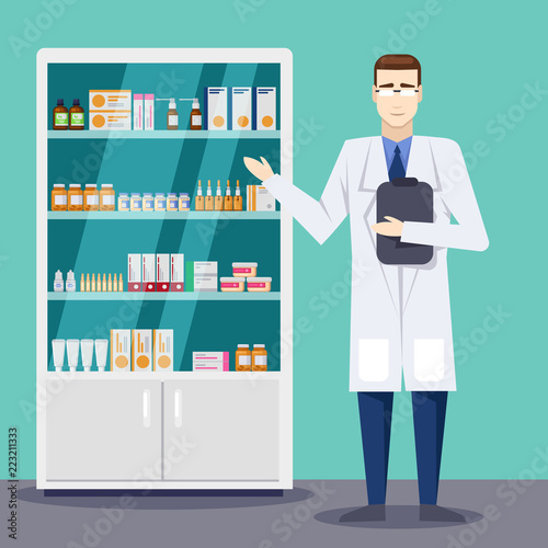 Male pharmacist showing medicines and pills. Pharmacy or drugstore interior. Vector flat style illustration