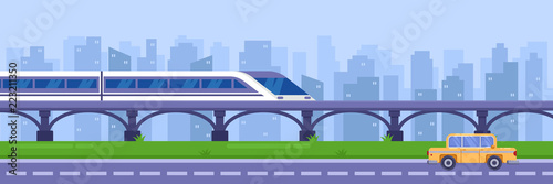 Modern high speed train on railway bridge. Railway passenger public transport, vector illustration.