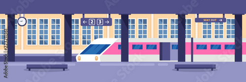 Modern high speed train on empty railway station. Railway passenger public transport, vector illustration.