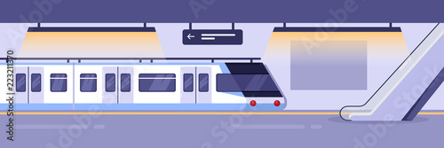 Modern train on empty subway station. Railway metro station indoor interior, vector illustration.