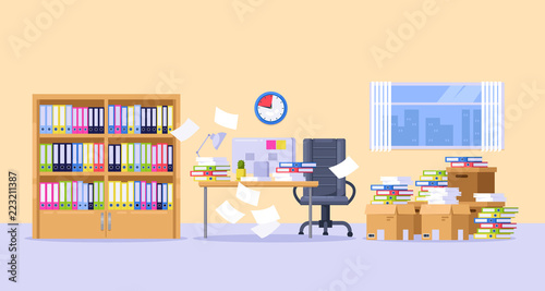 Office cabinet with piles of paper documents, files and folders. Deadline, bureaucracy and paperwork vector illustration