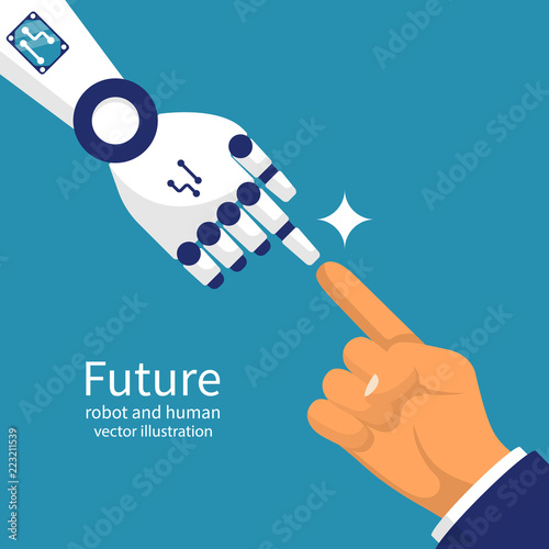 Robot and human together. Person and robot connect, touching fingers. Futuristic technology. Vector illustration flat design. Isolated on background. Cooperation with artificial intelligence.