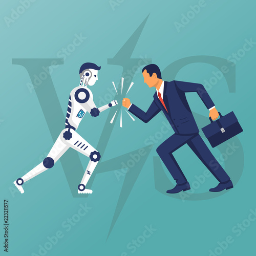 Robot vs human. Versus concept. Vector illustration flat design. Isolated on background. Businessman with the robot collided in battle. Conflict ai with humanoid.