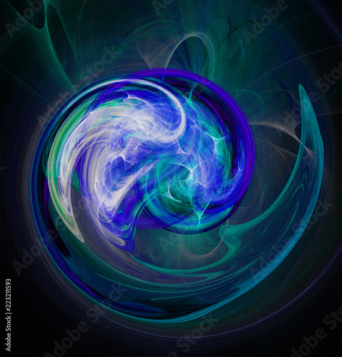 Fractal abstraction. Glowing spiral shape blue, black background