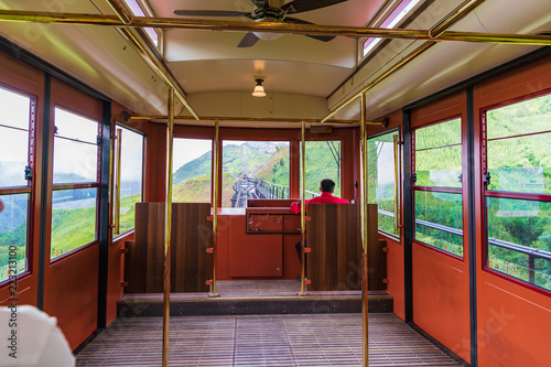 View from the inside beautiful train for tourist tram in SAPA go to the station and peak of fansipan mountain on north of VIETNAM