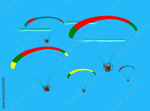 Group of para gliding flying on the sky cloud blue background,team work show flying paragliding