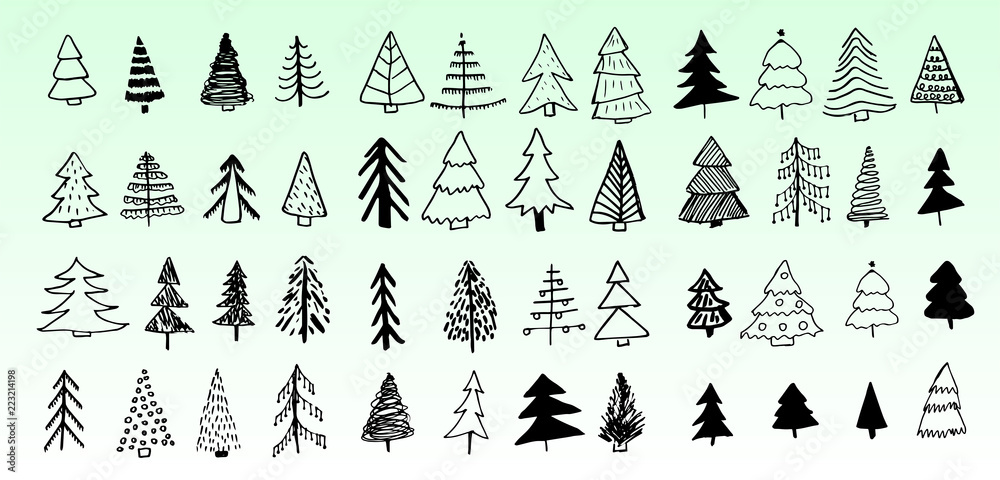 Doodle hand drawn Christmas trees set, vector, isolated on green background