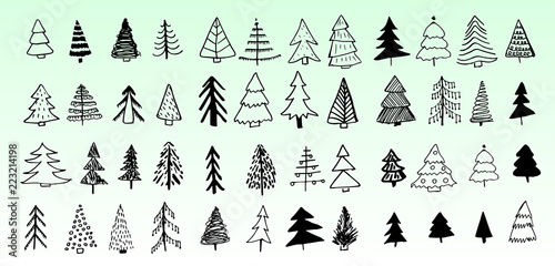 Doodle hand drawn Christmas trees set, vector, isolated on green background
