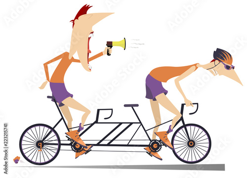 Cyclist and coach rides a tandem bike isolated. Strict trainer with megaphone and cyclist in helmets rides on the tandem bike isolated on white illustration 
