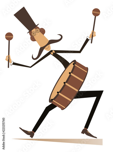 Funny mustache drummer isolated illustration. Mustache man in the top hat beats a big drum using drumsticks in both hands isolated on white illustration
