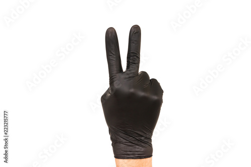 Male or female hands in rubber gloves of different colors isolated on white background showing different gestures. Concept of the work of a surgeon, cook, housewife