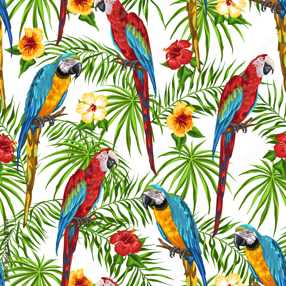 Naklejka premium Tropical seamless pattern with parrots.
