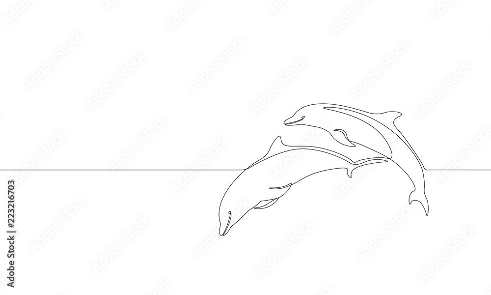 Naklejka premium Pojedyncza linia ciągła sylwetka morskiego delfina pływać skok. Natura ocean ekologia koncepcja środowiska życia. Duży projekt fali morskiej jeden szkic szkic, rysunek wektor ilustracja