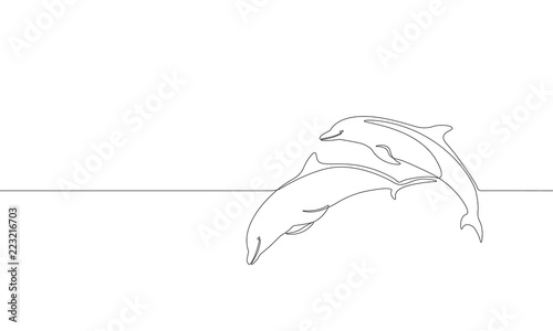 Single continuous line art marine dolphin swim jump silhouette. Nature ocean ecology life environment concept. Big sea wave design one sketch outline drawing vector illustration