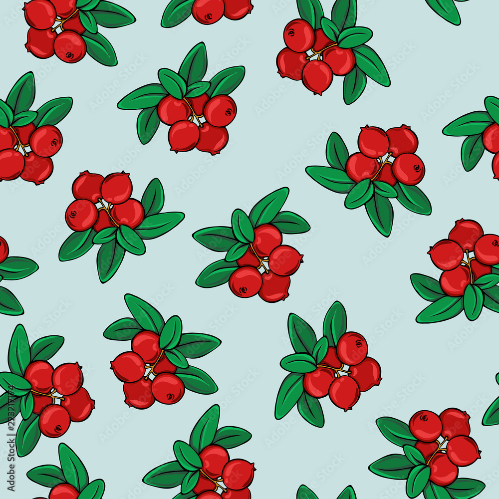 Seamless pattern with fresh red cranberries and green leaves on pastel blue background. Hand drawn vector illustration.
Seamless pattern with fresh red cranberries and green leaves on pastel blue background. Hand drawn vector illustration.