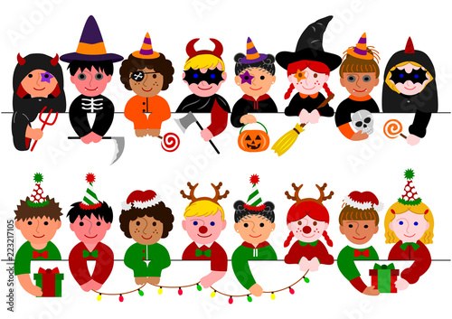 cute boys and girls border set with Halloween costumes and with Christmas costumes