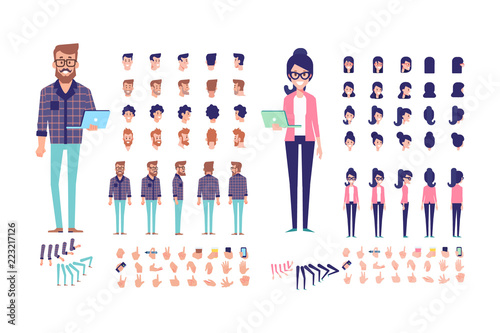 Front, side, back, 3/4 view animated characters. Young people creation set with various views, hairstyles and gestures. Cartoon style, flat vector illustration.