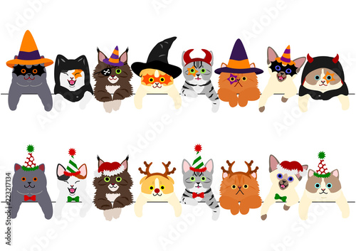 cute kitties border set with Halloween costumes and with Christmas costumes