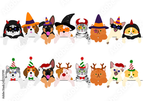 cute puppies and kitties border set with Halloween costumes and with Christmas costumes