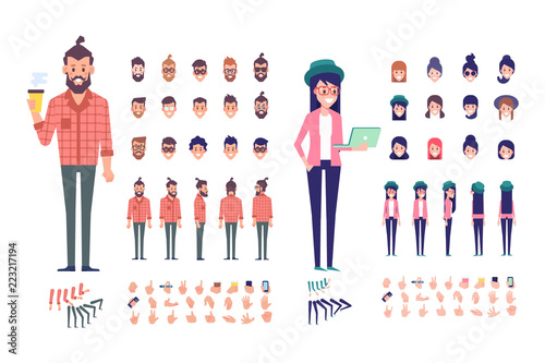 Front, side, back, 3/4 view animated characters. Young people creation set with various views, hairstyles and gestures. Cartoon style, flat vector illustration.