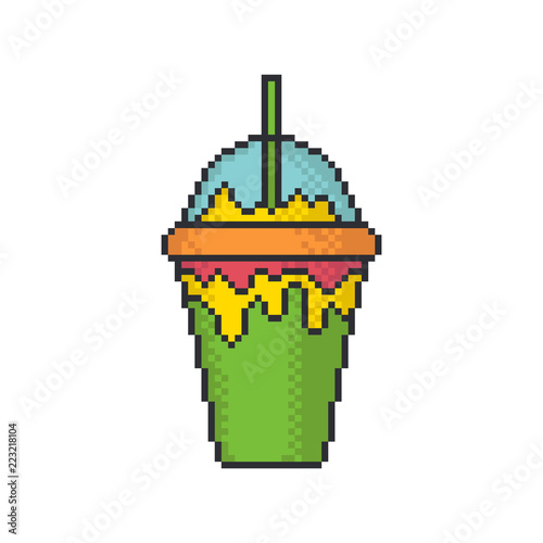 Fruit milkshake pixel art style vector icon on white background.