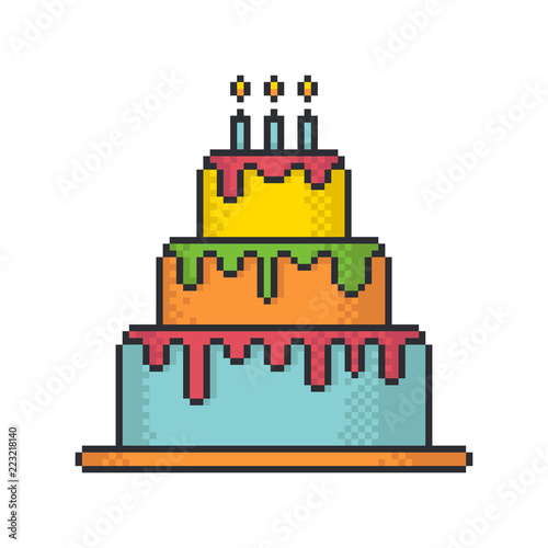 Glazed festive cake pixel art style vector icon on white background.