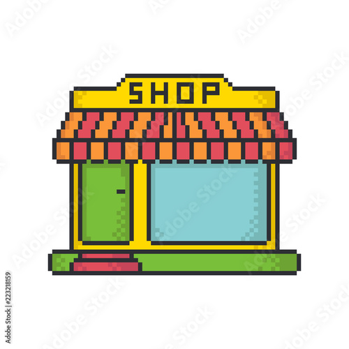 Vintage small shop pixel art style vector icon on white background.