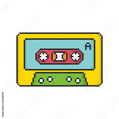 Retro audio cassette tape pixel art style vector icon on white background.