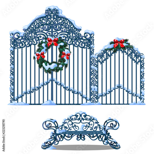 Set of forged metal elements of fence and gate covered with snow and decorated with wreath of fir branches with a red ribbon bow isolated on white background. Vector cartoon close-up illustration.