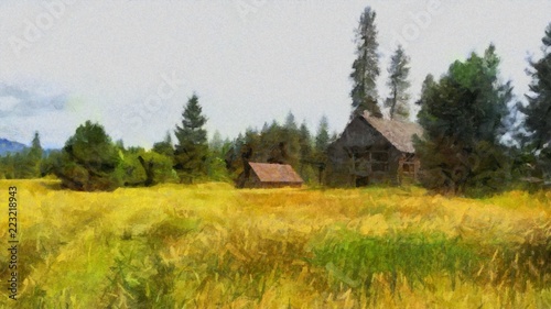 Oil painting. Art print for wall decor. Acrylic artwork. Big size poster. Watercolor drawing. Modern style fine art. Beautiful village field landscape.