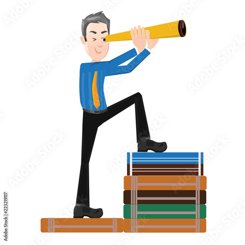 Wise man looking through binocular goal of success vision to forecast business in advance