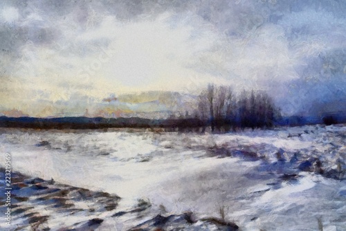 Oil painting. Art print for wall decor. Acrylic artwork. Big size poster. Watercolor drawing. Modern style fine art. Beautiful winter landscape.