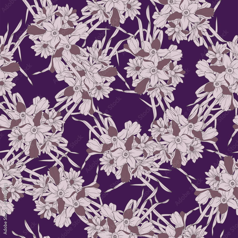 Seamless pattern with flowers and leaves on deep violet background. Hand drawn vector illustration.