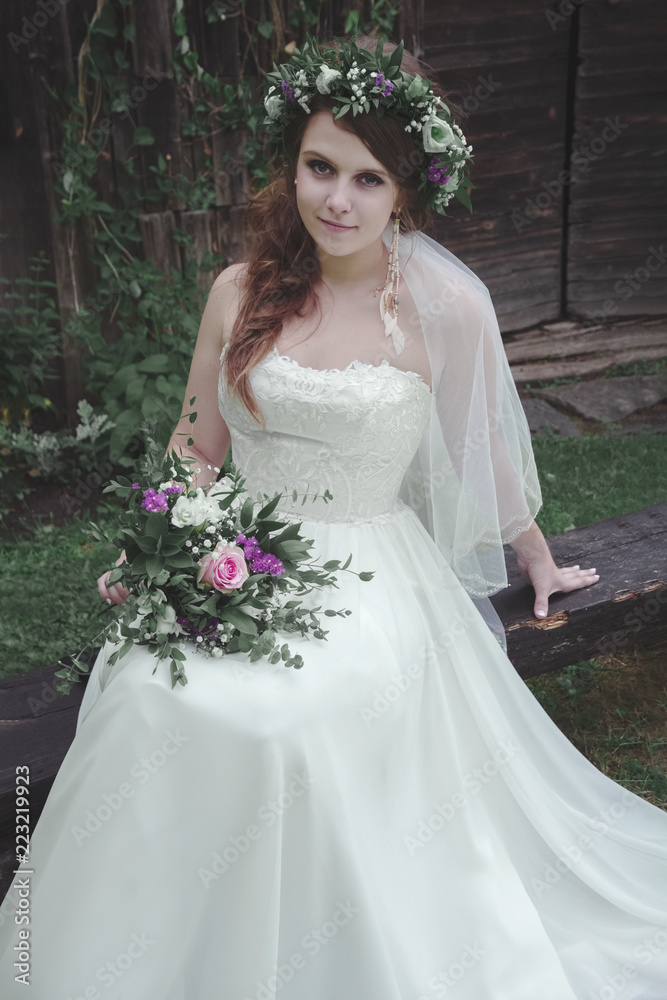 Bride fiance on atmospheric background copy space happy wife