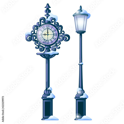 Vintage snowy street clock with ornate dial and streetlight isolated on white background. Sample of Christmas and New year greeting card, festive poster or party invitations. Vector cartoon close-up.