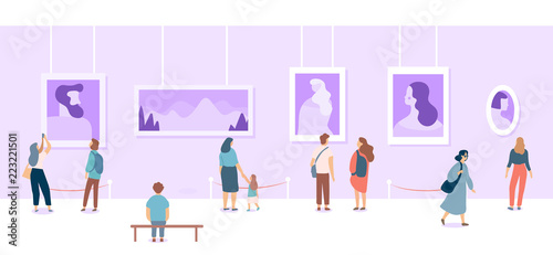 Art gallery. People looking at paintings at exhibition. Flat style vector illustration. 