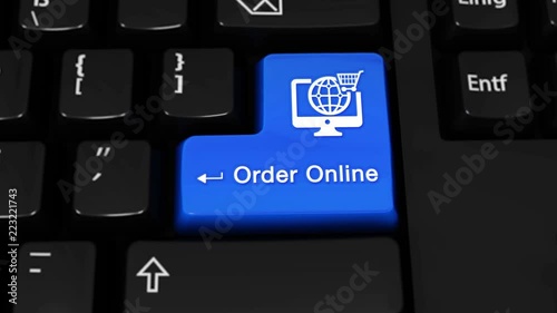 11. Order Online Rotation Motion On Blue Enter Button On Modern Computer Keyboard with Text and icon Labeled. Selected Focus Key is Pressing Animation. xxxxx Concept photo