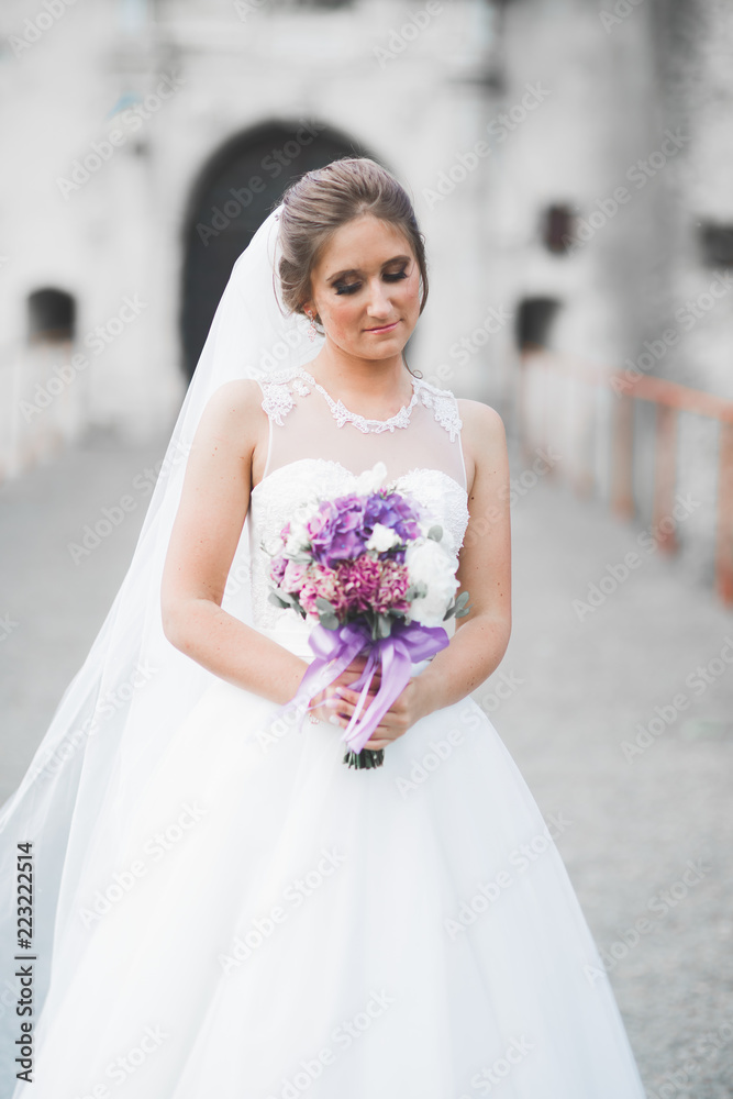 Naklejka premium Portrait of stunning bride with long hair posing with great bouquet