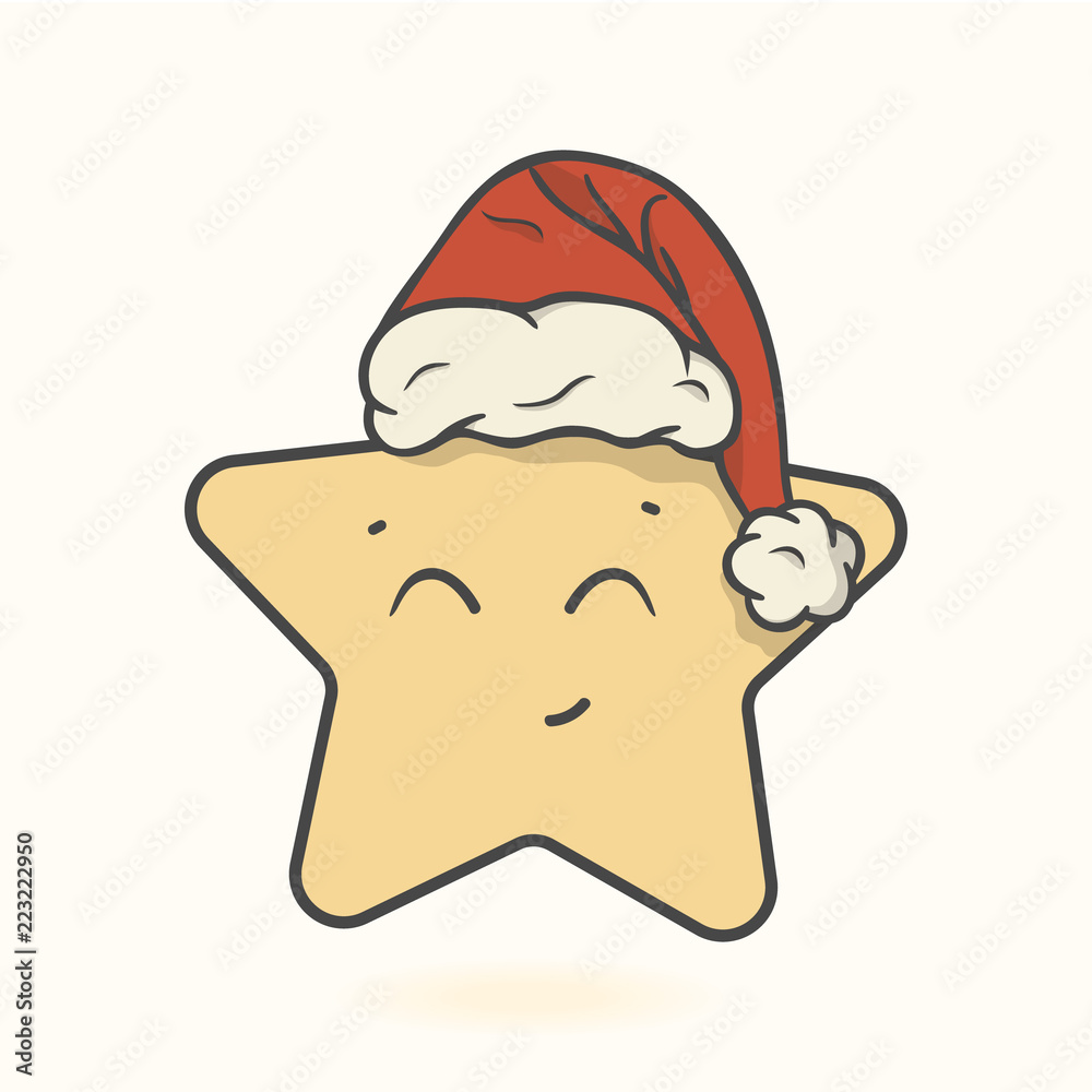 Christmas star in Santa's hat with pompon vector image isolated. Funny Star  with cute face, cartoon