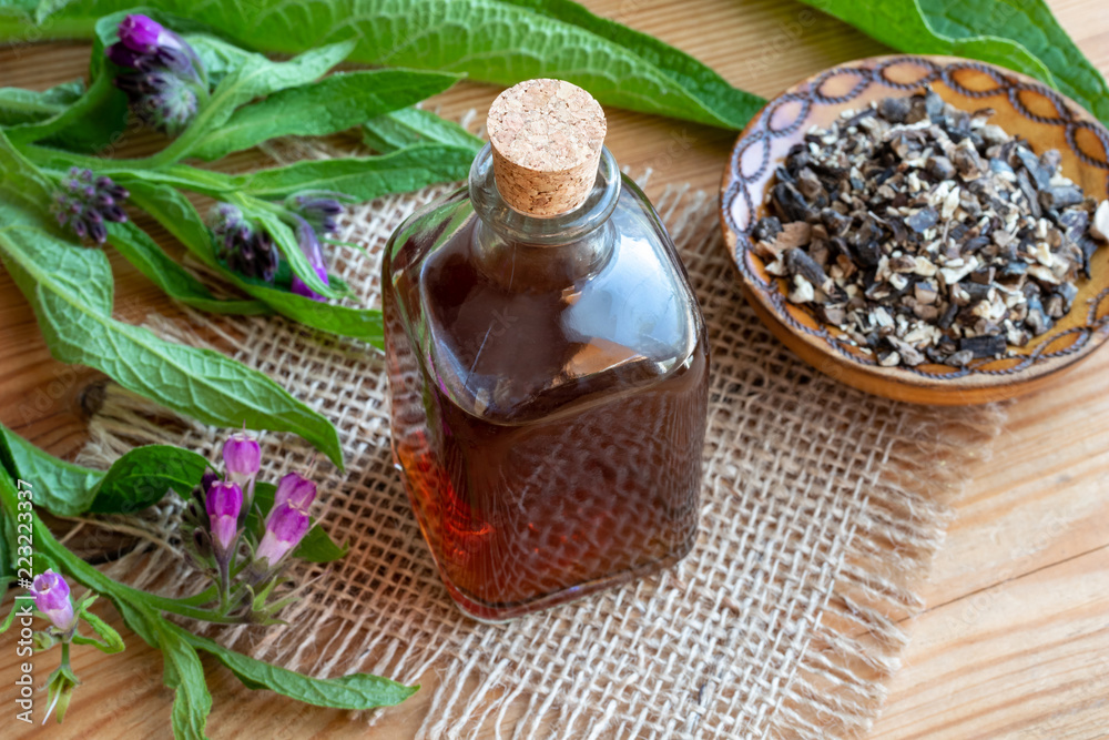 Comfrey tincture with dried comfrey root and fresh plant Comfrey tincture with dried comfrey root and fresh plant