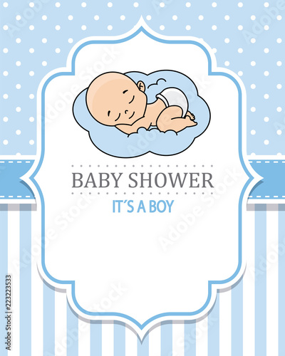 baby shower boy. baby boy sleeping on the cloud. space for text