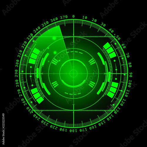 Radar screen. Vector illustration for your design. Technology background. Futuristic user interface. Radar display with scanning. HUD. Vector EPS10.