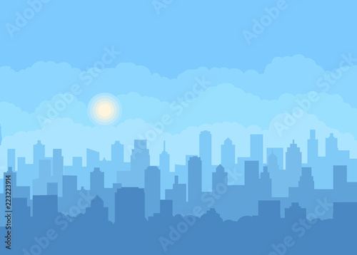 Flat cityscape with blue sky  white clouds and sun. Modern city skyline flat panoramic vector background. Urban city tower skyline illustration