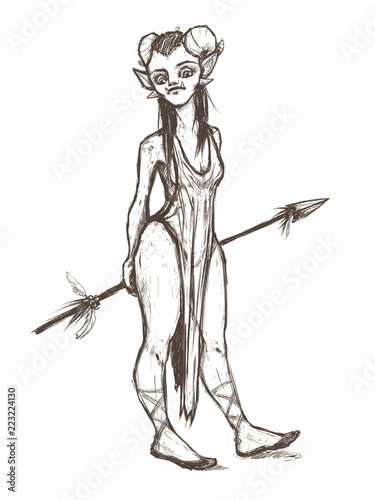 Orc princess. The girl with horns and a spear. Pencil illustration. Fantasy creature.