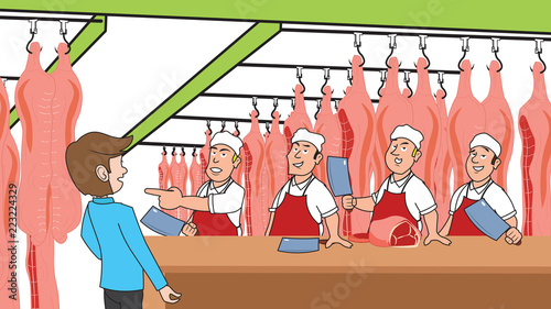 Butcher Selling huge cleavers of meat cutting selling large pieces shopkeeper customer buying asking price