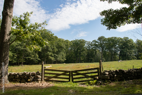 Wooden gate and rock wall in peaceful farm scene 