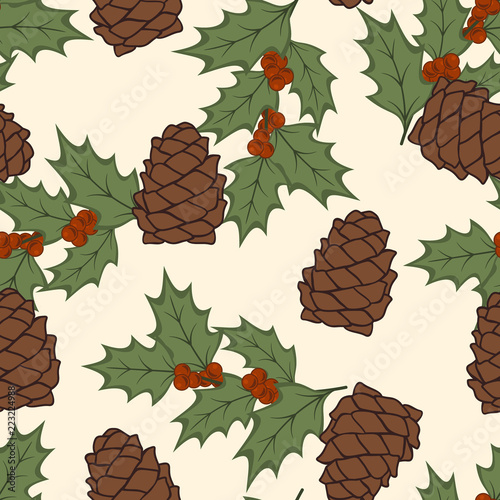 Konstfotografi Holly berries, cone, mistletoe Christmas seamless pattern for print isolated