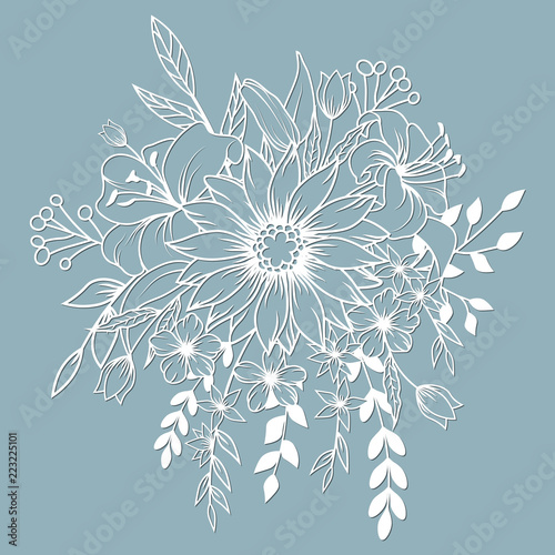 template for laser cutting and Plotter. Flowers, leaves, bouquet for decoration. Vector illustration. Sticker. plotter and screen printing. serigraphy.