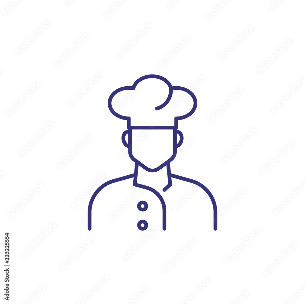 Chef line icon. Man in chef hat and uniform. Occupation concept. Can be used for topics like restaurant, kitchen, cooking Chef line icon. Man in chef hat and uniform. Occupation concept. Can be used for topics like restaurant, kitchen, cooking